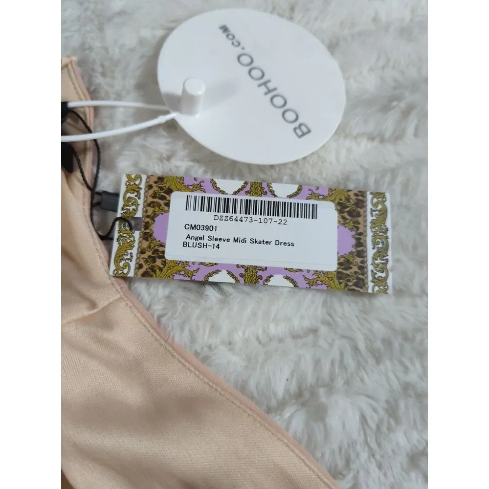 Boohoo Angel‎ Sleeve Midi Skater Dress Blush Pink V-Neck CM03901 Size 10 NWT 475
